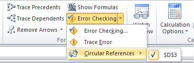 Screen shot of Error Checking/Circular References option
